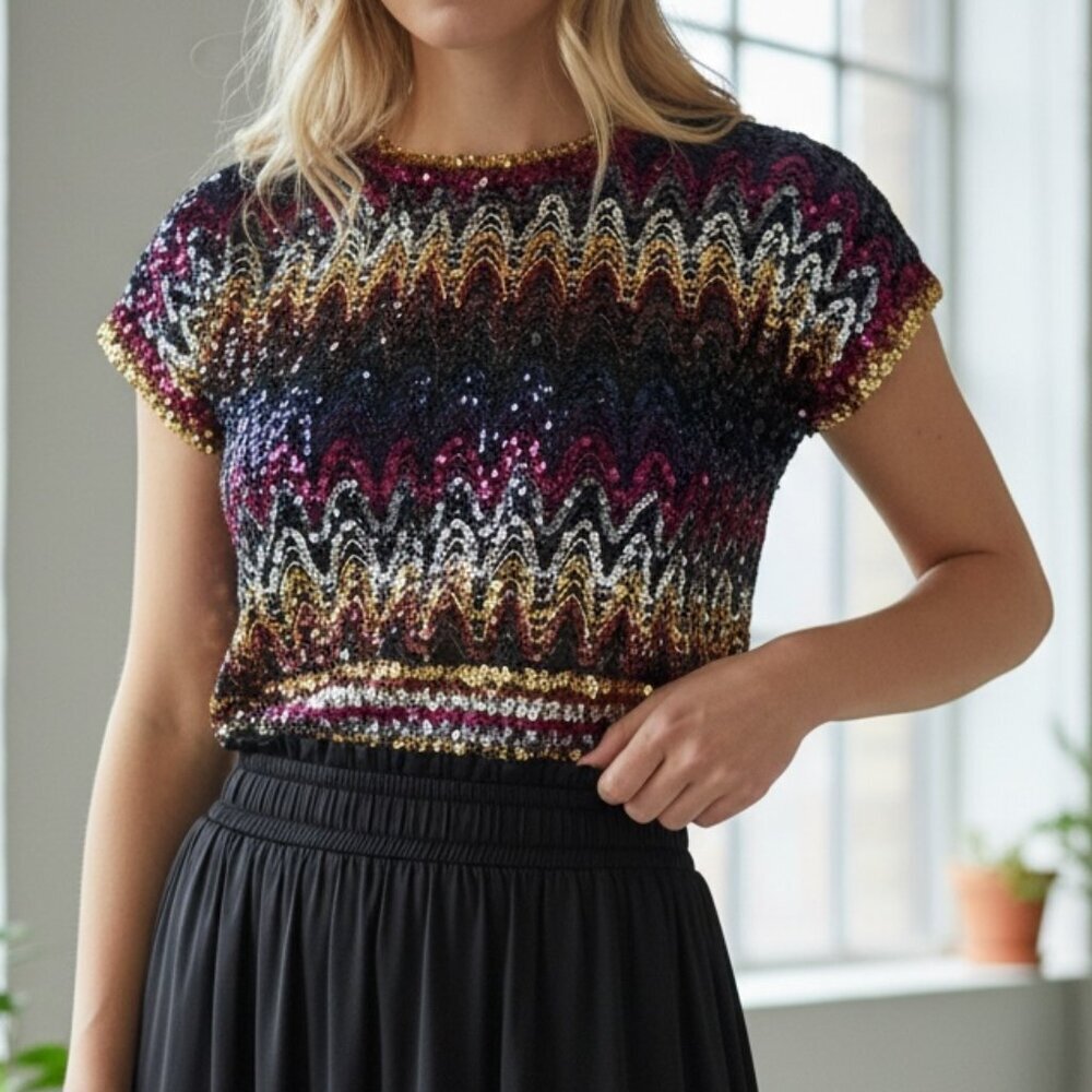 Sequin Short Sleeve‎ Top Multicolor Jewel Tones Gold & Silver M/L 206G